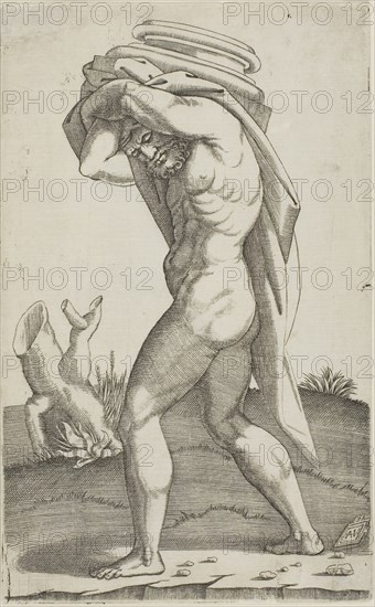 Man Carrying the Base of a Column, 1515/30, Agostino dei Musi (Italian, c. 1490-after 1536), after Raffaello Sanzio, called Raphael (Italian, 1483-1520), Italy, Engraving in black on ivory laid paper, 227 x 140 mm (image/sheet, trimmed to plate mark)