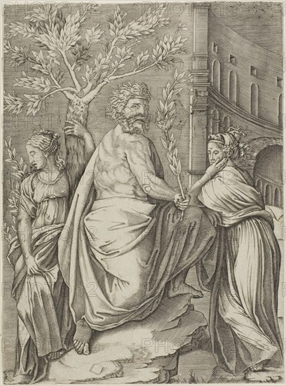 Man Under a Laurel Tree, 1515/30, Agostino dei Musi (Italian, c. 1490-after 1536), after Raffaello Sanzio, called Raphael (Italian, 1483-1520), Italy, Engraving in black on ivory laid paper, 311 x 229 mm (image/sheet, trimmed to platemark)