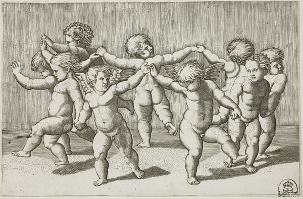 Dance of Cupids, 1517/20, Marcantonio Raimondi, Italian, c. 1480-1534, Italy, Engraving printed in black on paper, 110 × 166 mm (image/sheet)
