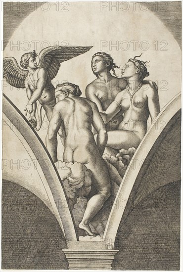 Cupid and the Three Graces, 1518/19, Marcantonio Raimondi (Italian, c. 1480-1534), after Raffaello Sanzio, called Raphael (Italian, 1483-1520), Italy, Engraving in black on cream laid paper, 310 x 206 mm