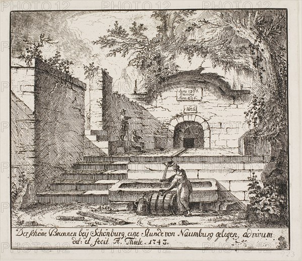 The Beautiful Fountain Near Schönburg, 1743, Johann Alexander Thiele, German, 1685-1752, Germany, Etching in black on ivory laid paper, 165 x 189 mm
