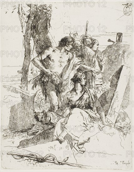 The Discovery of the Tomb of Punchinello, from Scherzi, 1735–40, Giambattista Tiepolo, Italian, 1696-1770, Italy, Etching printed in black on paper, 229 x 180 mm (plate), 230 x 181 mm (sheet)