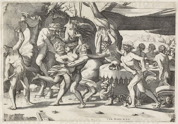 Combat of the Lapiths and Centaurs, 1542, Enea Vico, Italian, 1523-1567, Italy, Engraving in black on ivory laid paper, 292 x 416 mm