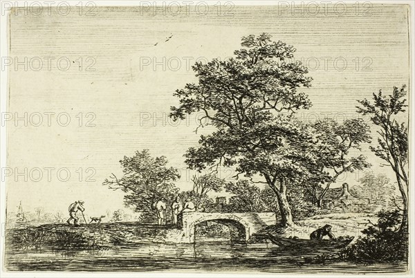Four Men on a Stone Bridge, n.d., Anthoni Waterlo, Dutch, 1609-1690, Holland, Etching on paper, 93 x 145 mm (image), 95 x 142 mm (sheet)