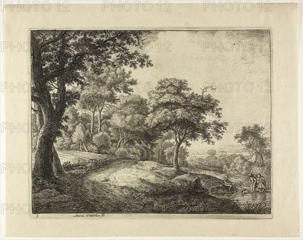 Man and Woman Crossing the Stream, n.d., Anthoni Waterlo, Dutch, 1609-1690, Holland, Etching on paper, 216 x 281 mm (image), 225 x 288 mm (plate), 274 x 246 mm (sheet)