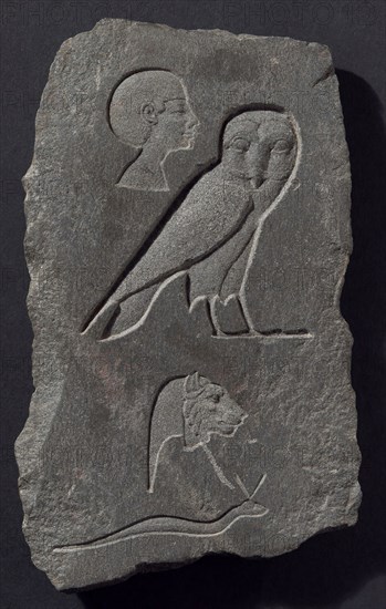 Relief Plaque Depicting Hieroglyphic Signs, Early Ptolemaic Period (about 300 BC), Egyptian, Egypt, Stone, 23.4 × 14 × 2.5 cm (9 3/8 × 5 1/2 × 1 in.)