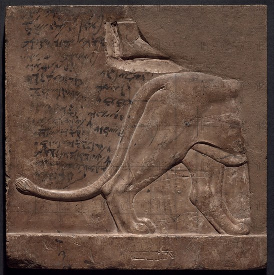 Double-sided Relief Plaque Depicting a Lion and Birds, Ptolemaic Period or earlier (about 305–30 BC), Egyptian, Egypt, Limestone and pigment, 19.4 × 19.1 × 1.3 cm (7 5/8 × 7 1/2 × 1/2 in.)