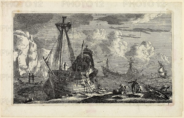 Merchant Ships, 1643/68, Reinier Zeeman (Reinier Nooms), Dutch, c. 1623-c. 1664, Netherlands, Etching in black on ivory laid paper, 116 x 123 mm (image), 122 x 207 mm (plate), 148 x 232 mm (sheet)