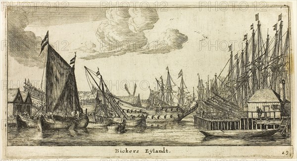 Bickers Island, c. 1655, Reinier Zeeman (Reinier Nooms), Dutch, c. 1623-c. 1664, Holland, Etching in black on cream laid paper, 122 x 248 mm (image), 134 x 251 mm (plate), 138 x 256 mm (sheet), Mary, Queen of Scots, 1645, Wenceslaus Hollar, Czech, 1607-1677, Bohemia, Etching with stipple on ivory laid paper, 69 × 51 mm (image/plate), 215 × 154 mm (sheet), Square Shawl, 1860s, India, India, Wool, double interlocking 2:2 'S' twill tapestry weave woven in large sections, "Harlequin" tabs of pieced 2:2 twill weaves, embroidered in back, flat, fly, herringbone, overcast, running and stem stitches, couching, 209 x 211 cm (82 1/4 x 83 in.)