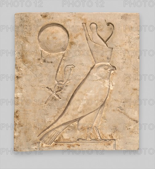 Relief Plaque Depicting the God Horus as a Falcon, Late Period–Ptolemaic Period (664–30 BC), Egyptian, Egypt, Limestone, 31.1 × 28.3 × 3.2 cm (12 1/4 × 11 1/8 × 1 1/4 in.)