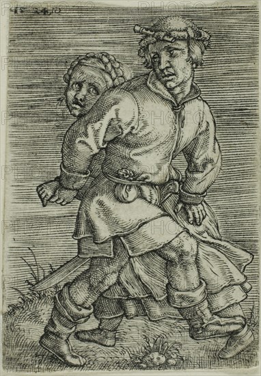 Peasant Couple Dancing, 1524, Barthel Beham, German, 1502-1540, Germany, Engraving in black on ivory laid paper, 56 x 39 mm (image/plate/sheet)