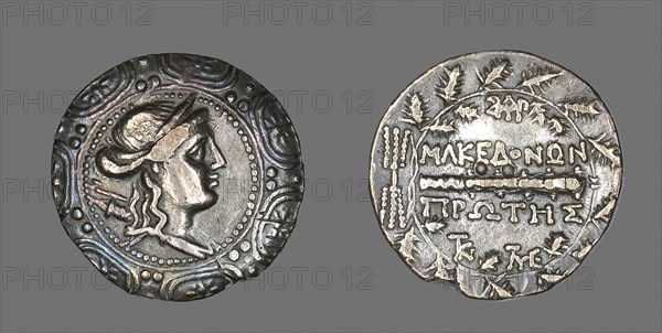 Tetradrachm (Coin) Depicting a Macedonian Shield with the Goddess Artemis, 158/149 BC, Roman, minted in Amphipolis, Roman Empire, Silver, Diam. 3.1 cm, 16.76 g