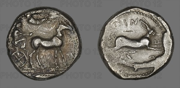 Tetradrachm (Coin) Portraying Biga with Mules, 484/476 BC, Greek, minted in Messana, Sicily, Italy, Ancient Greece, Silver, Diam. 2.6 cm, 16.37 g