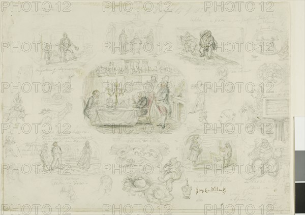 Fashions and Frights of 1829 (recto), Angels Ever Bright and Fair (verso), 1829, George Cruikshank, English, 1792-1878, England, Graphite with brush and watercolor (recto) and graphite (verso) on ivory wove paper, 275 × 375 mm