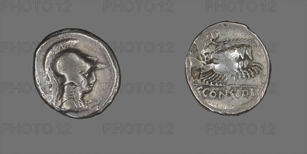Denarius (Coin) Depicting the Goddess Minerva, about 46 BC, Roman, Roman Empire, Silver, Diam. 2 cm, 3.29 g