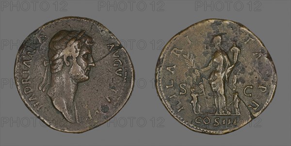 Sestertius (Coin) Portraying Emperor Hadrian, AD 128/132, Roman, minted in Rome, Roman Empire, Bronze, Diam. 3.4 cm, 23.39 g
