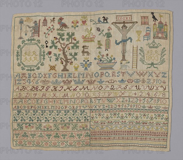 Sampler, 1803, Germany, Linen, plain weave, embroidered with silk, 36.2 x 31.1 cm (14 1/4 x 12 1/4 in.)