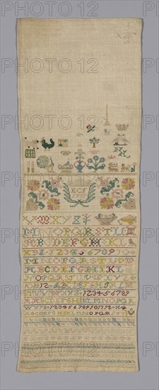 Sampler, 1771, Germany, Linen, plain weave, embroidered with silk, 67.3 x 22.8 cm (26 1/2 x 9 in.)