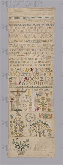 Sampler, 1766, Germany, Linen, plain weave, embroidered with silk, 81.6 x 26 cm (32 1/8 x 10 1/4 in.)