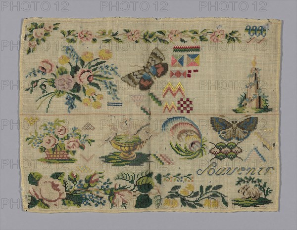 Sampler, 19th century, Germany, Wool, plain weave, embroidered with silk yarns in Algerian eye, back, compound cross, cross, double or Smyrna cross, flame, flat, eye, Greek cross filling, herringbone, Jacquard, Rococo, running, satin, and surface satin stitches, 32.2 x 24.3 cm (12 5/8 x 9 1/2 in.)