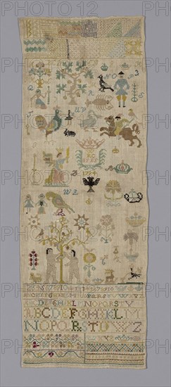 Sampler, 1794, Possibly Netherlands, Netherlands, Linen, plain weave, embroidered in linen and silk in cross, satin ground running back and feathered hem stitches and simple trellis overcast fillings, three edges finished in feathered hem stitch, 24.7 x 68.5 cm (9 3/4 x 27 in.)