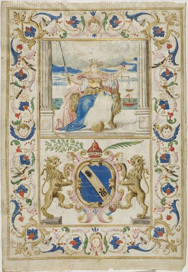 Figure of Justice and Shield with Lions Rampant, n.d., European, Europe, Manuscript cutting with gouache and gold paint, gold leaf, and pen and black and brown ink on vellum, 396 × 274 mm