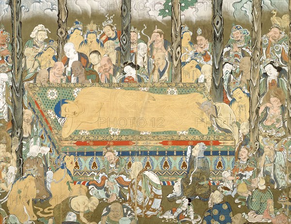 Nehan: Death of the Buddha, late 17th/early 18th century, Japanese, Japan, Hanging scroll, ink, colors, and gold on silk, 331.5 x 229 cm (130 1/2 x 90 1/8 in.)