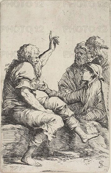 A bearded old man seated on a rock and making a hortatory gesture toward three men opposite him, from Figurine series, n.d., Salvator Rosa, Italian, 1615-1673, Italy, Etching on ivory laid paper, 144 x 92 mm (clipped unevenly within plate)