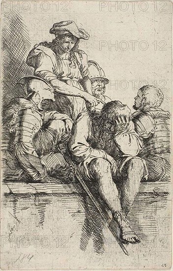 Four warriors and a standing youth, who points down at one of them, from Figurine series, n.d., Salvator Rosa, Italian, 1615-1673, Italy, Etching on ivory laid paper, 146 x 94.5 mm (clipped within platemark)