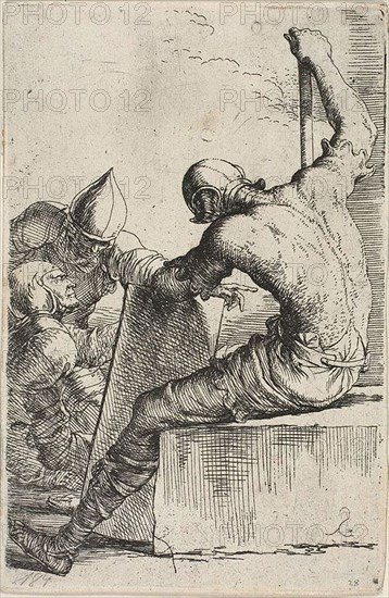 A warrior, seated on a foreground block, holds a shield and staff and turns toward two warriors behind him, from Figurine series, n.d., Salvator Rosa, Italian, 1615-1673, Italy, Etching on ivory laid paper, 139 x 91 mm
