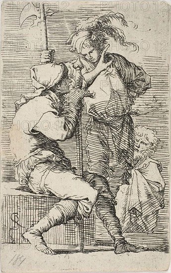 Two warriors, one holding a sward, the other a halberd, an old brearded man behind them, from Figurine, n.d., Salvator Rosa, Italian, 1615-1673, Italy, Etching on ivory laid paper, 130 x 88 mm