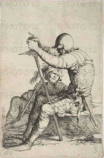 Two warriors, one seated on a low foreground rock and holding a war hammer, the other figure seated on the ground behind him, holding a mace across his right shoulder and looking up at the foreground fugure, from Figurine series, n.d., Salvator Rosa, Italian, 1615-1673, Italy, Etching on ivory laid paper, 140 x 93 mm (clipped within platemark)