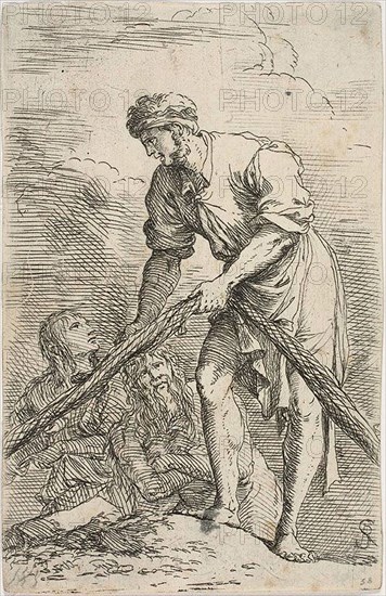 A men pulling a net, with two figures behind him, from Figurine series, n.d., Salvator Rosa, Italian, 1615-1673, Italy, Etching on ivory laid paper, 139.5 x 90 mm (clipped within platemark)