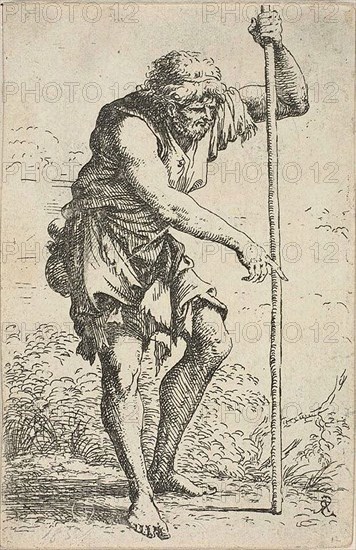 An Old, Ragged Man with a Staff and a Ground at his Hip, from Figurina, n.d., Salvator Rosa, Italian, 1615-1673, Italy, Etching on ivory laid paper, 136 x 90 mm