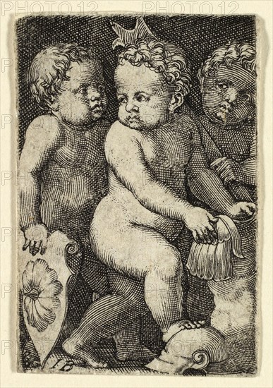 Three Putti with Armor, 1523/30, Master I.B., German, died 1525/30, Germany, Engraving in black on ivory laid paper, 46 × 31 mm