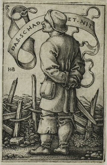 The Weather Peasant Das Schadet Nit, c. 1542, Sebald Beham, German, 1500-1550, Germany, Engraving in black on ivory laid paper, 44 x 28 mm (image/plate), 45 x 29 mm (sheet)