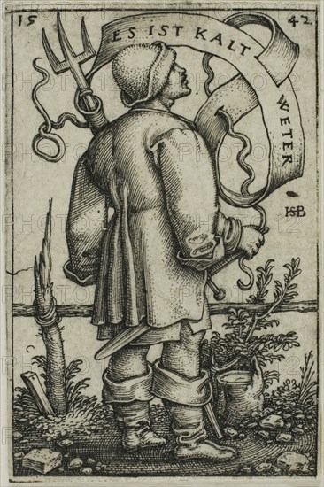 The Weather-Peasant Es Ist Kalt Weter, 1542, Sebald Beham, German, 1500-1550, Germany, Engraving in black on ivory laid paper, 43 x 29 mm (image/plate), 44 x 30 mm (sheet)