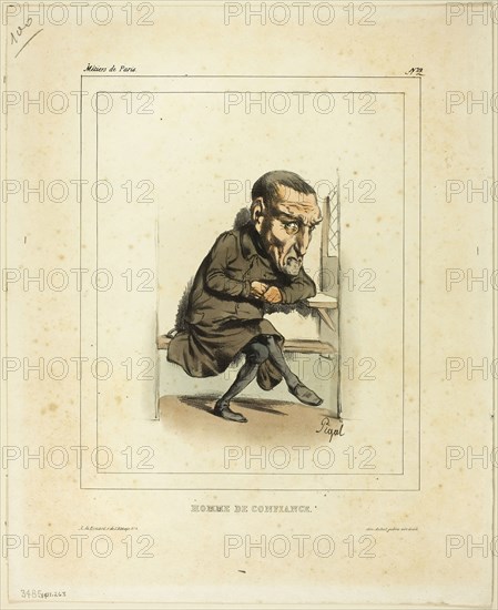 Trustworthy Man, n.d., Edmé Jean Pigal (French, 1798-1872), published by chez Aubert (French, 19th century), printed by Bénard (French, 19th century), France, Lithograph in black, with hand-coloring, on ivory wove paper, 216 × 178 mm (image, with border, without inscription), 277 × 222 mm (sheet)