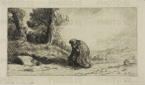 A Vagabond Walking Along a Lane, c. 1890, Alphonse Legros, French, 1837-1911, France, Etching and drypoint on ivory Japanese paper, 143 × 271 mm (image), 150 × 277 mm (plate), 177 × 301 mm (sheet)