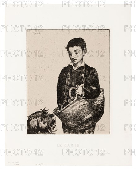 The Urchin, 1868–74, Édouard Manet (French, 1832-1883), printed by Lemercier et Compagnie (French, 19th century), France, Lithograph in black, with scraping, on chine with blue and red fibers, laid down on ivory wove paper (chine collé), 286 × 229 mm (image/primary support, including stray marks), 444 × 346 mm (secondary support)