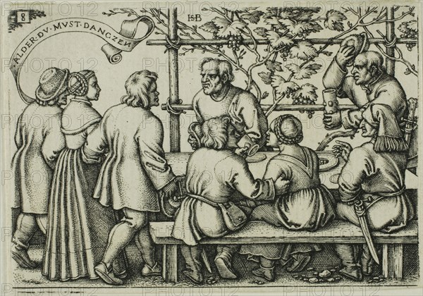 Peasants’ Feast, plate 8 from the Peasants’ Feast or the Twelve Months, 1546, Sebald Beham, German, 1500-1550, Germany, Engraving in black on ivory laid paper, 50 x 73 mm (image/plate), 52 x 74 mm (sheet)