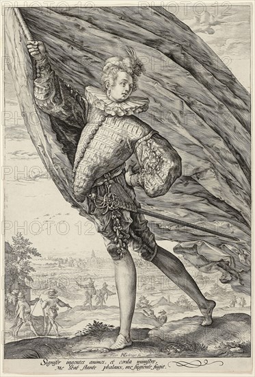 The Standard Bearer, Turned to Left, 1587, Hendrick Goltzius, Dutch, 1558-1617, Netherlands, Engraving in black on ivory laid paper, 273 x 191 (image), 285 x 194 mm (plate/sheet)