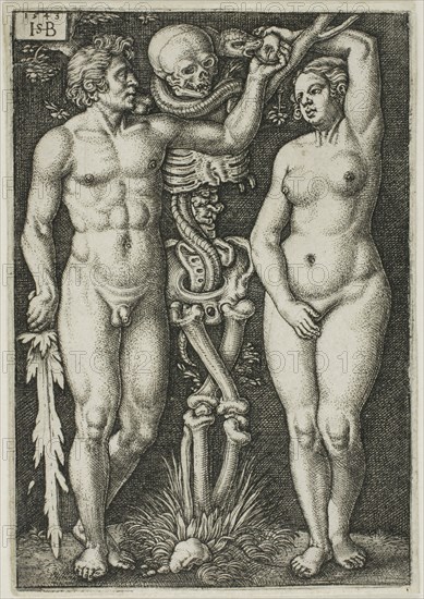 Adam and Eve, 1543, Sebald Beham (German, 1500-1550), after Barthel Beham (German, 1502-1540), Germany, Engraving in black on ivory laid paper, 82 x 57 mm (image/plate), 84 x 58 mm (sheet)