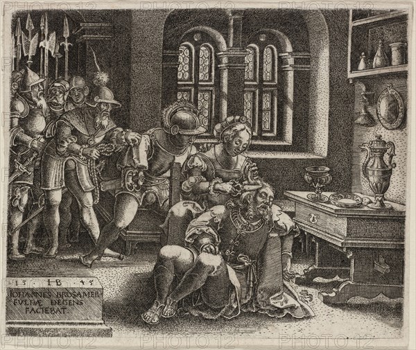 Samson and Delilah, 1545, Hans Brosamer, German, c. 1500-1554, Germany, Engraving in black on ivory laid paper, 80 x 97 mm (image/plate), 84 x 100 mm (sheet)