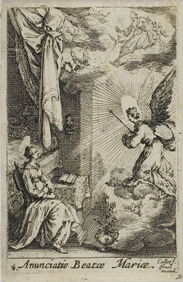 The Annunciation, from The Life of the Virgin, n.d., Jacques Callot, French, 1592-1635, France, Etching on paper, 64 × 44 mm (image), 69.5 × 44 mm (plate), 71 × 47 mm (sheet)