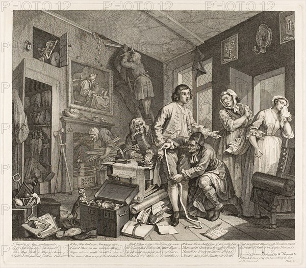 Plate One, from A Rake’s Progress, June 1735, William Hogarth, English, 1697-1764, England, Etching and engraving in black on ivory laid paper, 319 × 387 mm (image), 360 × 410 mm (plate), 490 × 601 mm (sheet)
