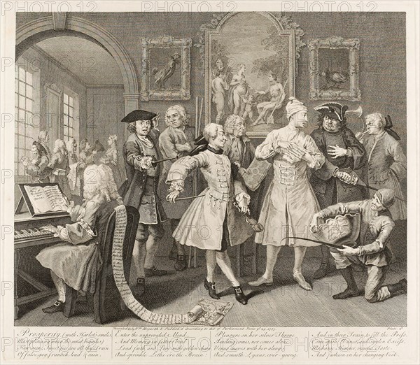 Plate Two, from A Rake’s Progress, June 1735, William Hogarth, English, 1697-1764, England, Etching and engraving in black on ivory laid paper, 312 × 388 mm (image), 352 × 410 mm (plate), 493 × 605 mm (sheet)