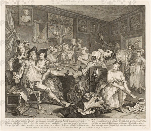 Plate Three, from A Rake’s Progress, June 1735, William Hogarth, English, 1697-1764, England, Etching and engraving in black on ivory laid paper, 315 × 390 mm (image), 360 × 408 mm (plate), 490 × 602 mm (sheet)