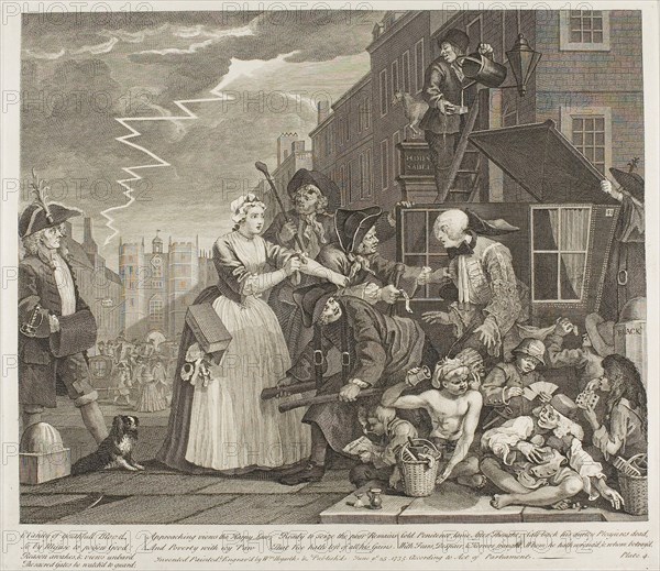 Plate Four, from A Rake’s Progress, June 1735, William Hogarth, English, 1697-1764, England, Etching and engraving in black on ivory laid paper, 317 × 390 mm (image), 359 × 410 mm (plate), 487 × 615 mm (sheet)