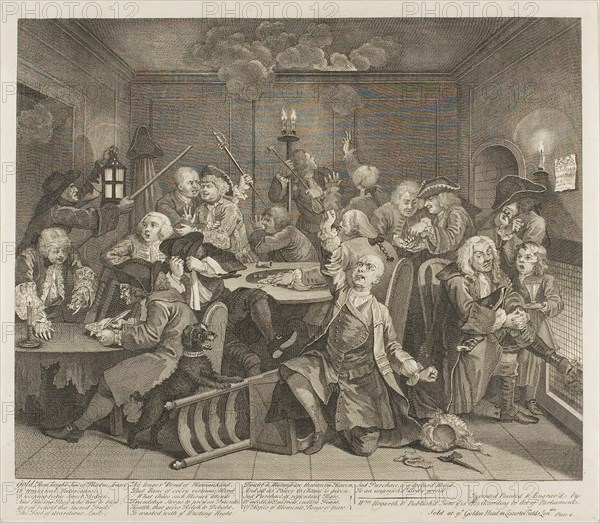 Plate Six, from A Rake’s Progress, June 1735, William Hogarth, English, 1697-1764, England, Etching and engraving in black on ivory laid paper, 315 × 386 mm (image), 357 × 410 mm (plate), 465 × 606 mm (sheet)